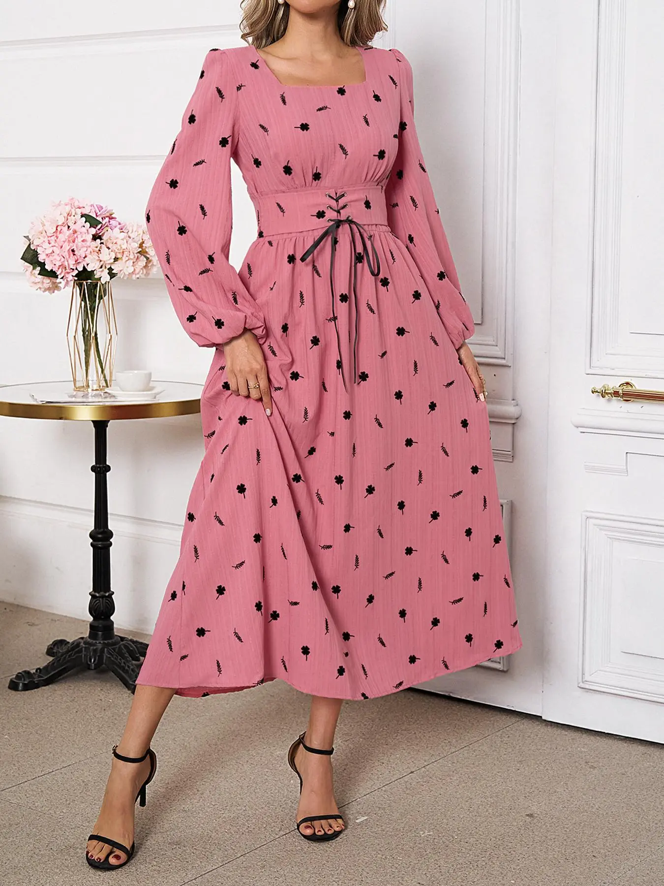 Women's All Over Leaf Print Tie Front Lace Up A Line Dress, Elegant Bishop Sleeve Square Neck Midi Dress for Vacation Holiday Wedding Guest, Ladies Clothes for All Seasons