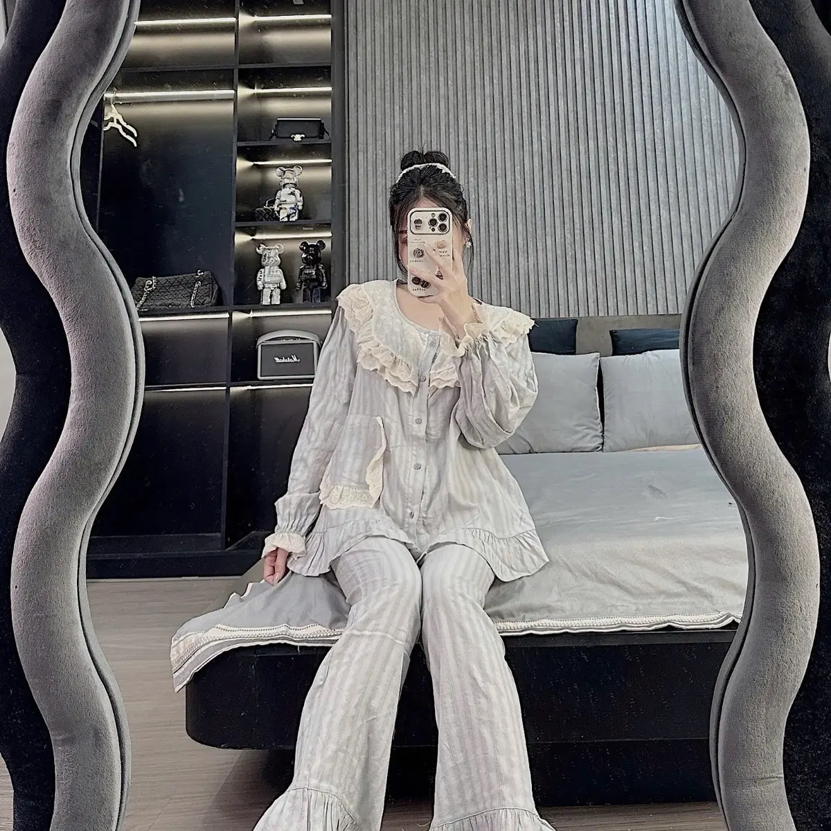 Bộ Đồ Mặc Ở Nhà Nữ Cổ Tròn Phối Ren Tay Phồng Chất Thô Tàu Mềm Mát Nhẹ Nhàng, Set Đồ Bộ Nữ Tiểu Thư DD bộ  ngủ sam luxury