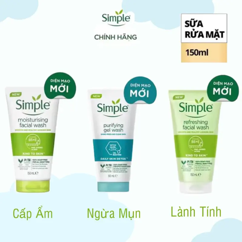 Sữa Rửa Mặt Simple 150ml giúp da sạch thoáng, cấp ẩm và ngừa mụn Skincare Làm Đẹp Da（miễn phí vận chuyển）