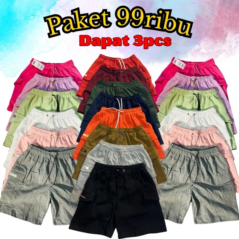 Paket 80ribu 3 Celana Pendek Pria Wanita Cargo Bahan Flecee Polos Nyaman 2