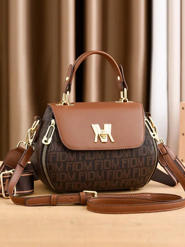 Women's Fashionable Letter Pattern Pu Leather Handbag, Zipper Crossbody Bag, Casual Trendy Versatile Daily Commuting Bag for Women 0