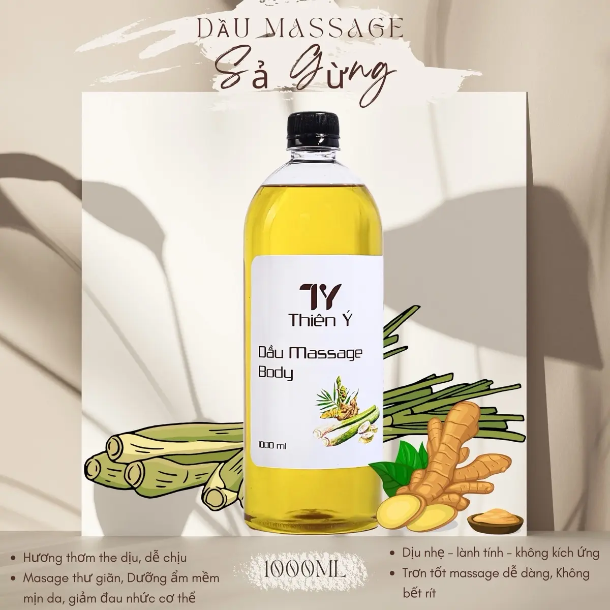 Dầu Massage Body Sả Gừng_ Tinh dầu massage thư giãn_ Dầu chuyên dụng cho spa_Dưỡng ẩm & làm mềm mịn da_ Chai 1000ml  Dưỡng Ẩm Da Dưỡng Body