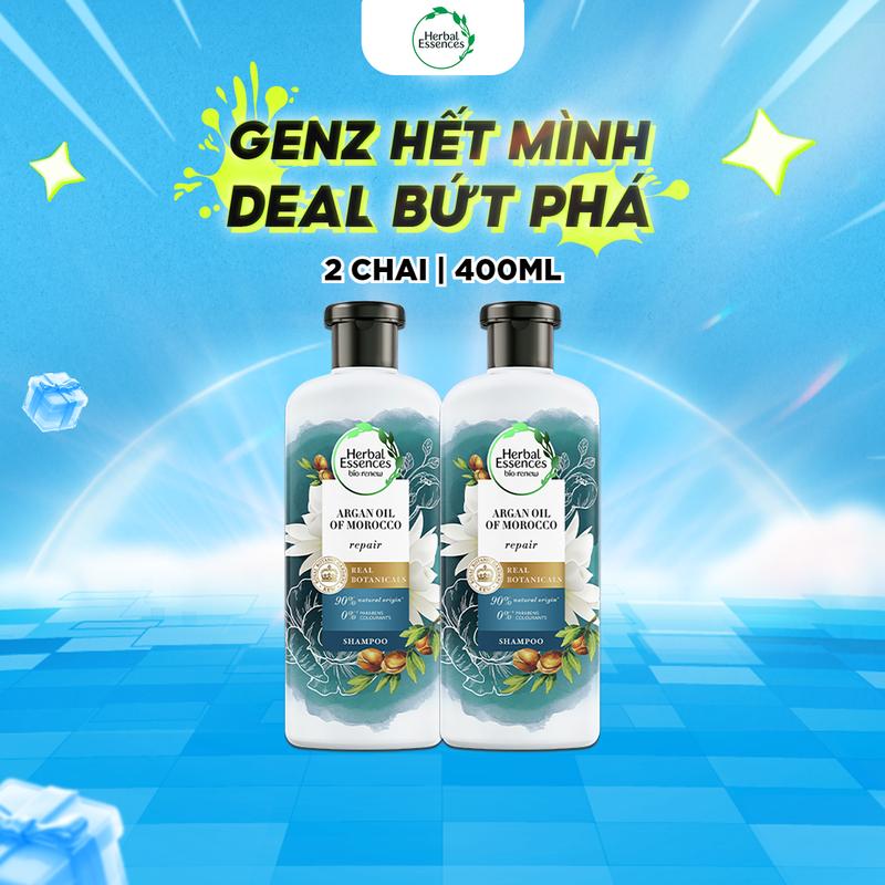 Combo 2 Dầu Gội HERBAL ESSENCES Bồng Bềnh Hỗ Trợ Phục Hồi Chiết Xuất Bưởi & Bạc Hà/Tinh Dầu Moroccan Argan - Chai 400MLx2