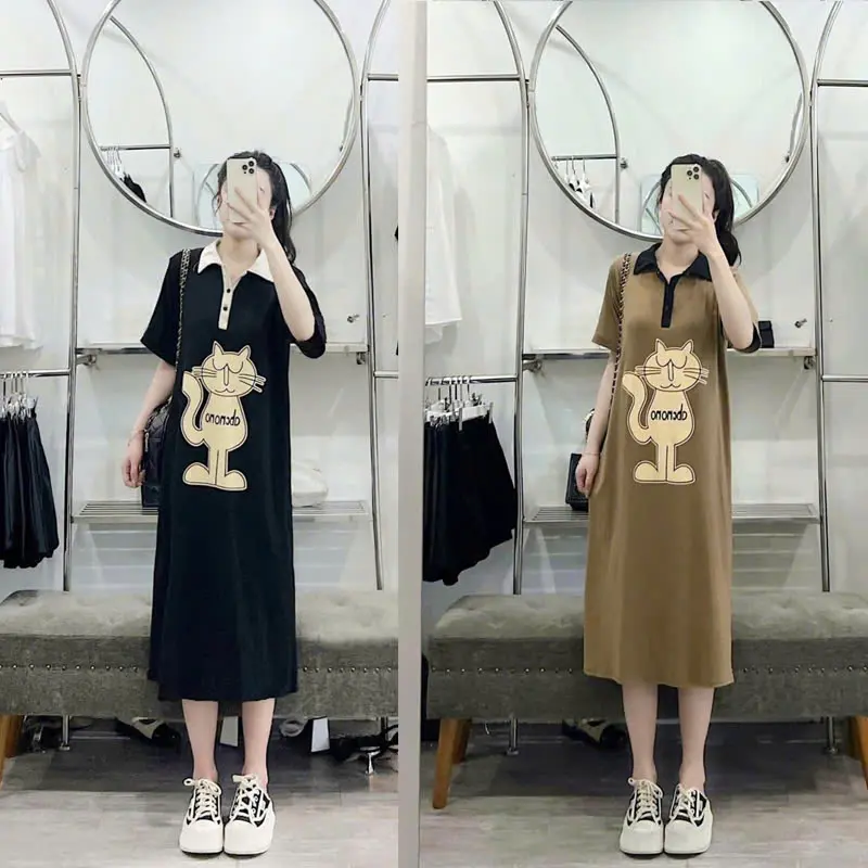 Đầm suông dài , váy suông bầu chất cotton Gemmy Shop in hình Puss cổ đức