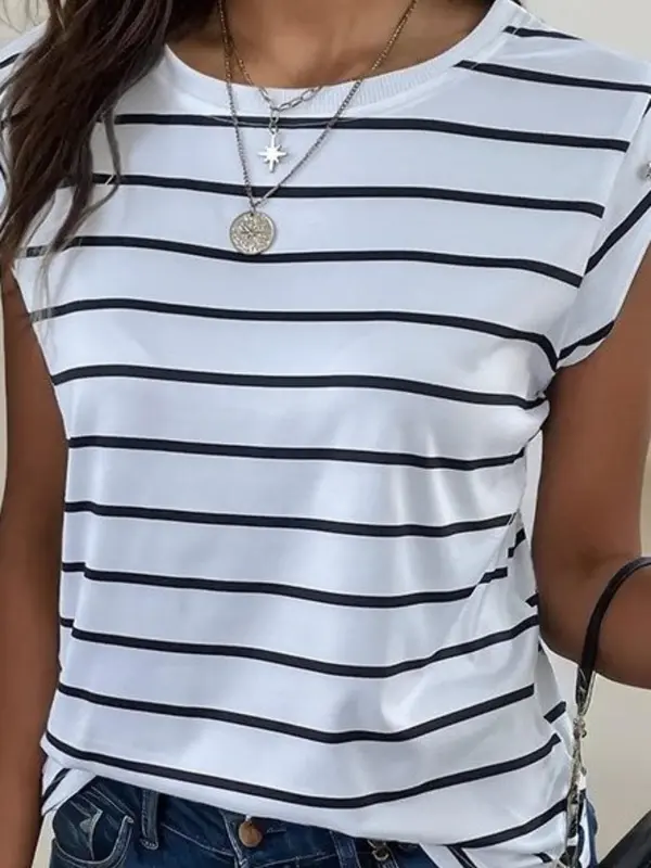 Women's Striped Print Tank Top, Casual Button Decor Round Neck Top for Summer, Ladies Clothes for Daily Wear 5