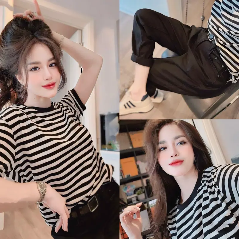 ÁO THUN COTTON FOM RỘNG Freesize ( 45 - 60kg ) Cổ Tròn Nữ  Sọc Kẻ 8