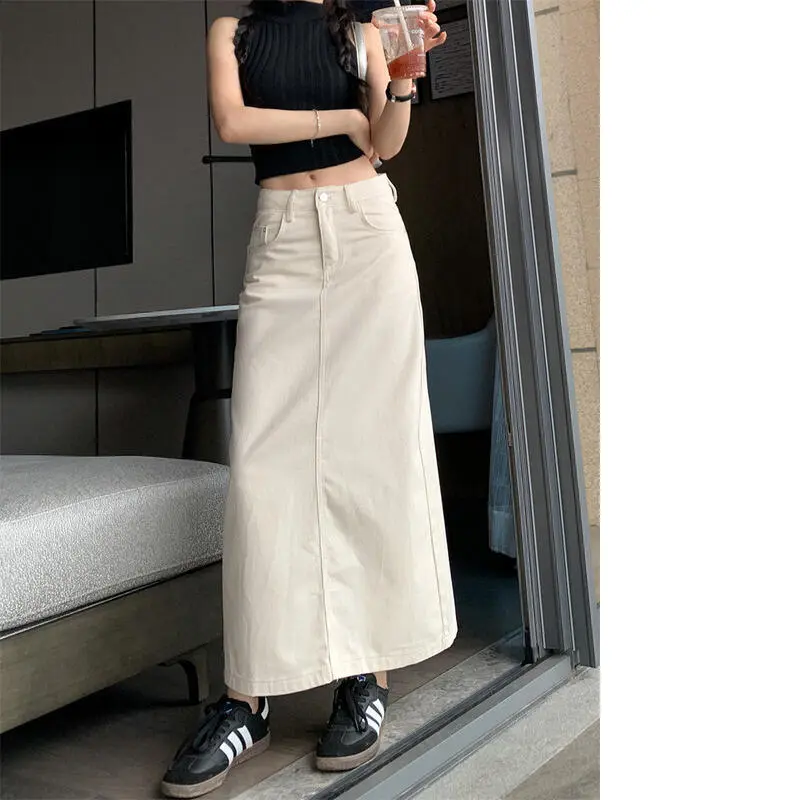 Chân Váy Denim, Dài Trung Bình Đến Dài, Dài Nửa Đầu, Cạp Cao, Xẻ Tà Sau, Ôm Hông, Màu Trắng, Chân Váy Dài chân  váy xếp ly Nữ Women Khuy