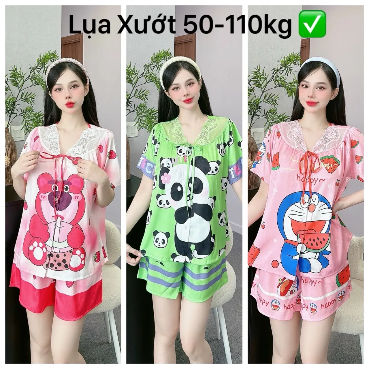 Đồ Bộ Nữ -Cổ Ren- Quần Đùi (Bigsize 50-110kg) Vải Lụa Xướt Ánh Kim, Sang Xịn Women