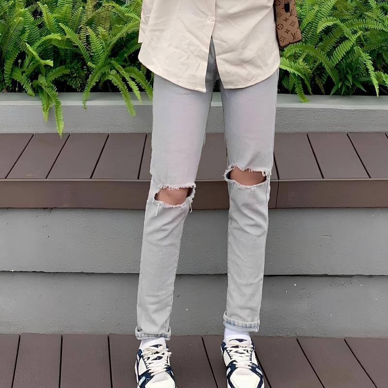 Quần jean dài nam rách gối màu xám khói chất bò có co dãn nhẹ QA08 kiểu form dáng skinny mới Menswear Pants Có Túi