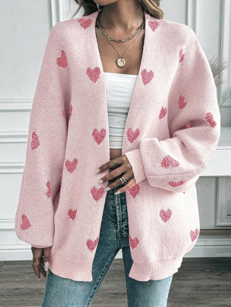 Product Introduction of Women's Heart Print Bishop Sleeve Cardigan, Valentine's Day Casual Long Sleeve Open Front Knitwear for Spring & Fall,  Cardigans for Women, Fashion Women's Knit Clothing for Daily Wear, Gift 9