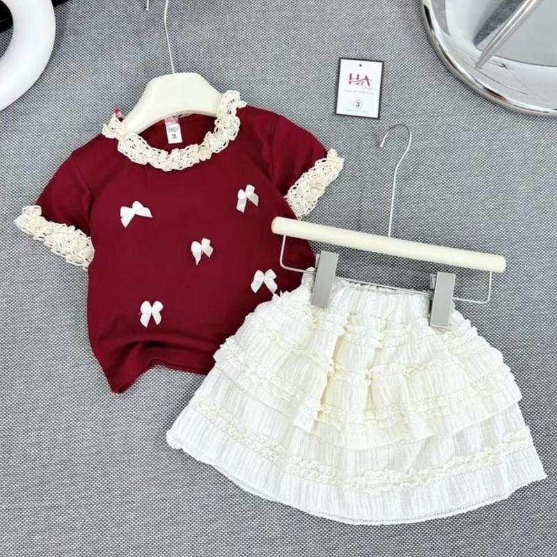 Set Bộ váy áo A15 Vải Cotton co giãn mềm mịn cho bé gái phối cùng chân váy ren có quần bảo hộ bên trong - Size 10_30kg