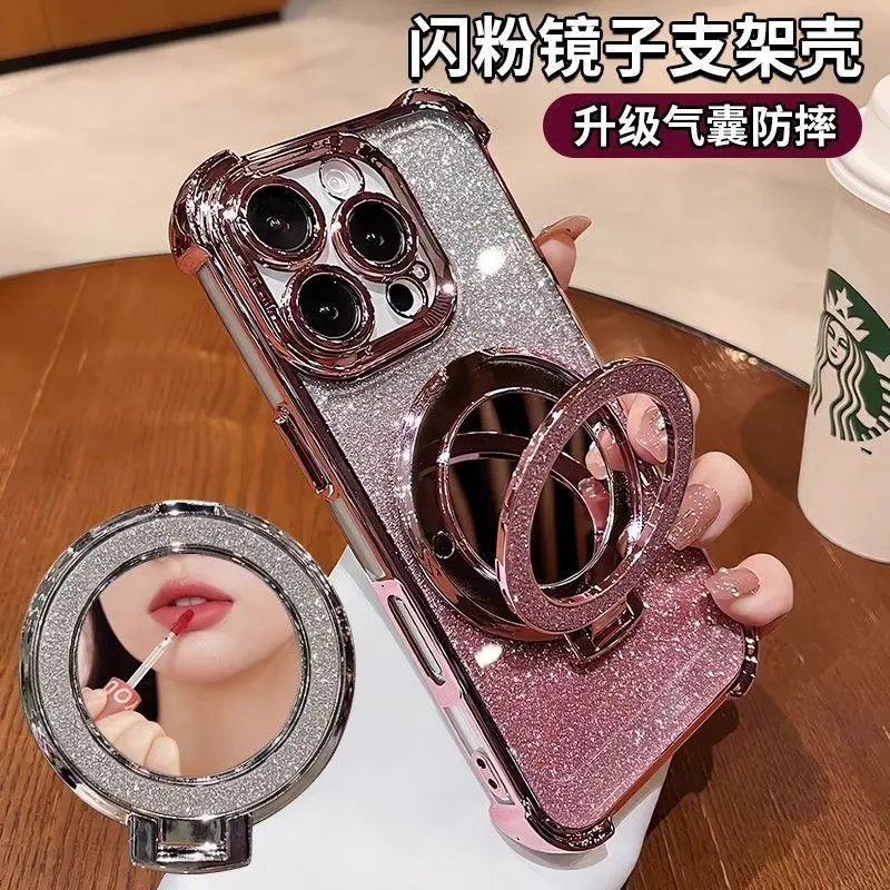 [1560 Favorites] Compatible Magnetic Mirror Stand Apple 16 Pro Max Phone Case iPhone 15 Airbag Shockproof 14 New 13 Flash