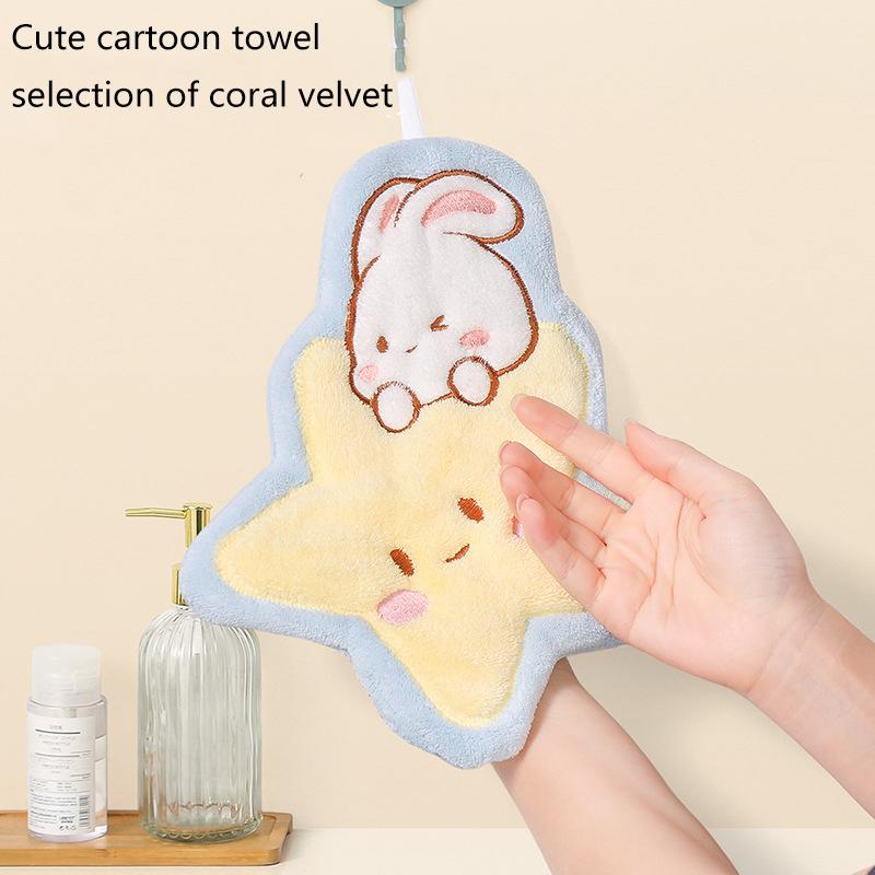 Product Introduction of Cute Rabbit Pattern Hand Towel Soft Hanging Towels Absorbent Coral  Towel Kitchen Bathroom Double-thickness Hand Towel 16