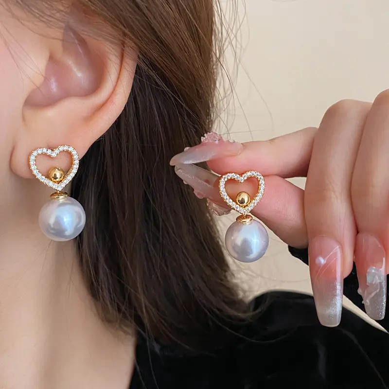 Silver Needle Heart-Shaped Zircon Geometric Pearl Earrings French Minority Retro Affordable Luxury Earrings Royal Court Style Earrings Wholesale