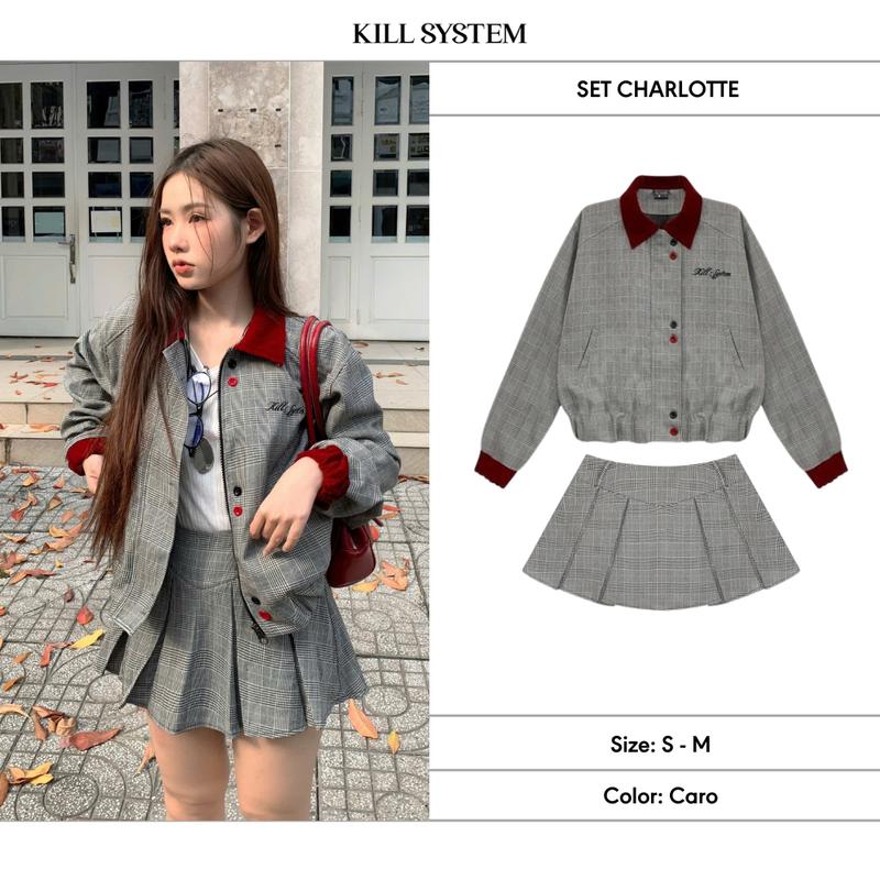 [ĐƯỢC TÁCH LẺ] Set áo khoác bomber và chân váy kẻ sọc Charlotte phối cổ nhung thêu họa tiết Kill System