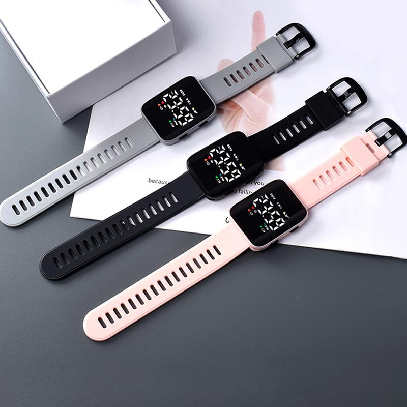 Đồng Hồ Điện Tử Kỹ Thuật Số LED, Dây Đeo Màu Trơn Không Thấm Nước, Đồng Hồ Đeo Tay Thể Thao, Dành Cho Nam Và Nữ 6