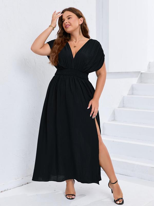 【Plus Size】 Plain Ruched Shirred Split Thigh Tie Back A Line Dress, Casual Deep V Neck Batwing Sleeve High Waist Dress for Party Holiday Wedding Guest, Women's  Clothing for Summer 6