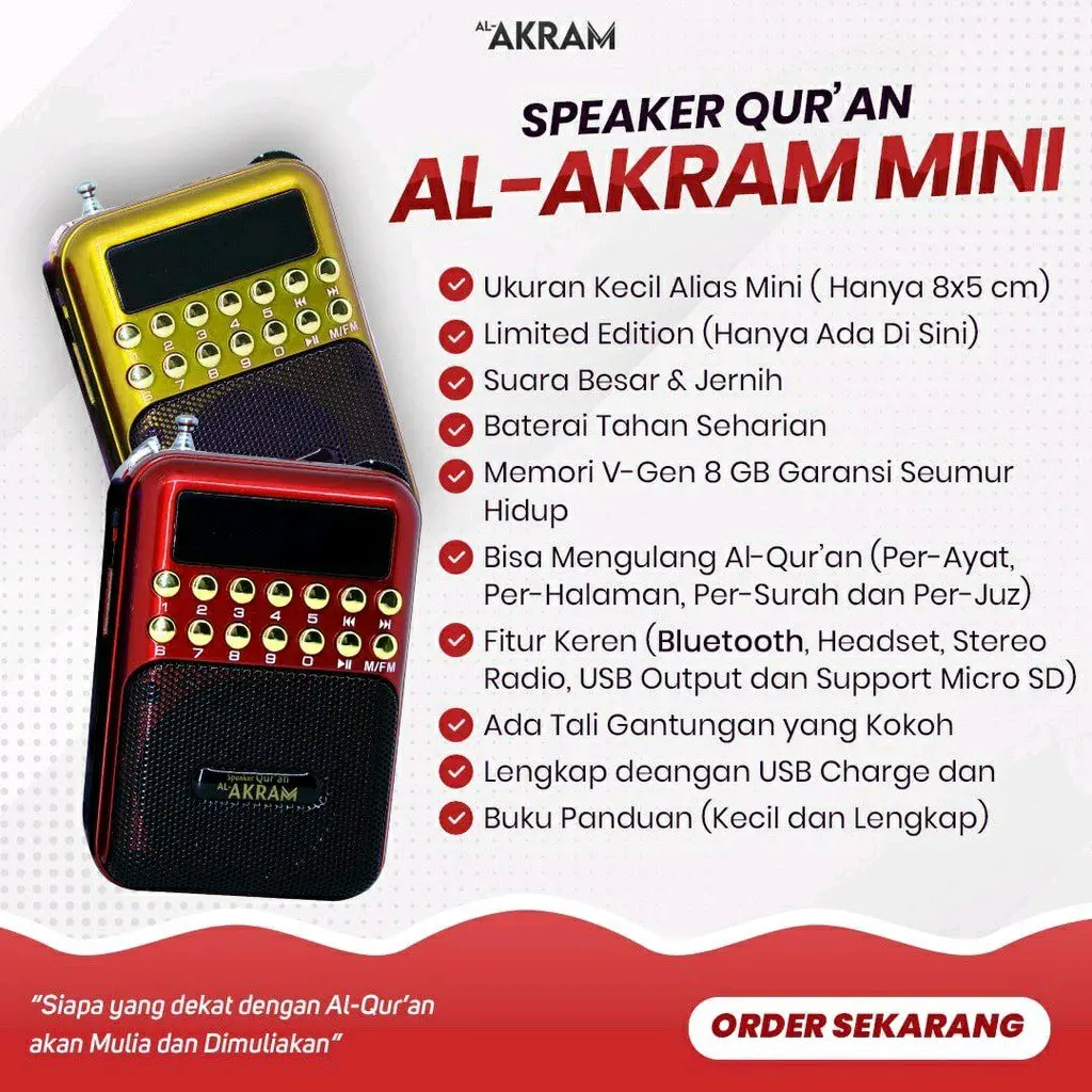 Speaker Qur'an Mini Al Akram Speker Murottal Quran Lengkap 30 Juz Qori Anak dan Dewasa Konten Ceramah Ustadz Abdul Somad Ustad Adi Hidayat Buya Yahya Bluetooth Spiker