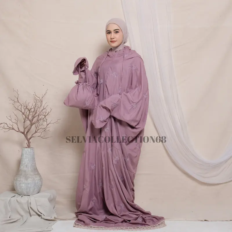 Mukena Terusan Dewasa Jumbo Bordir Bunga Melati 2in1 Katun Premium Panjang Cantik Lembut 3