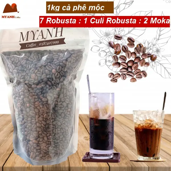 1kg Cà phê rang mộc ( chín >98% ) phối Robusta, Culi, Moka, Thơm, Đậm Đà Tự nhiên Không đường Coffee Bột