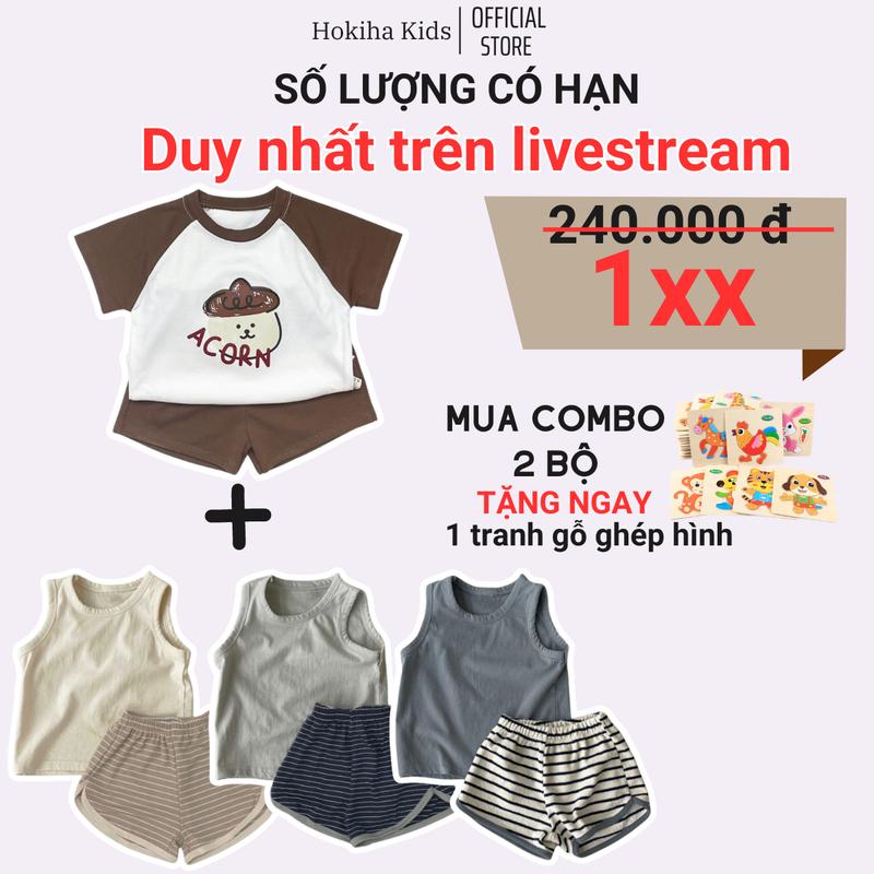 [Hokiha Kids] Te579&TE587-Combo 2 Bộ quần áo cộc tay cho bé trai bé gái gồm 1 bộ quần áo cộc tay hình hạt dẻ và 1 bộ quần áo ba lỗ áo cotton, quần thun tăm lạnh size 8-17kg
