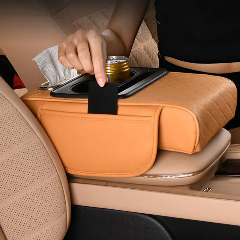 Car Center Console Armrest Pad with Cup Holder, Comfortable Car Armrest Cover with Side Storage Pocket, Universal Car Interior Accessories for Women & Men 3
