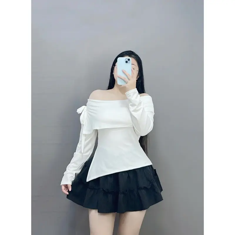 Set Bộ Trễ Vai Tiểu Thư Bigsze Nữ Tay Dài Buộc Nơ Sành Điệu Chất Tăm Mềm Mịn Phối Váy Ngắn Xòe Tầng Lưng Cao Vải Xốp Đũi SET942  Nhung Women set  dodientet Áo Kem 5