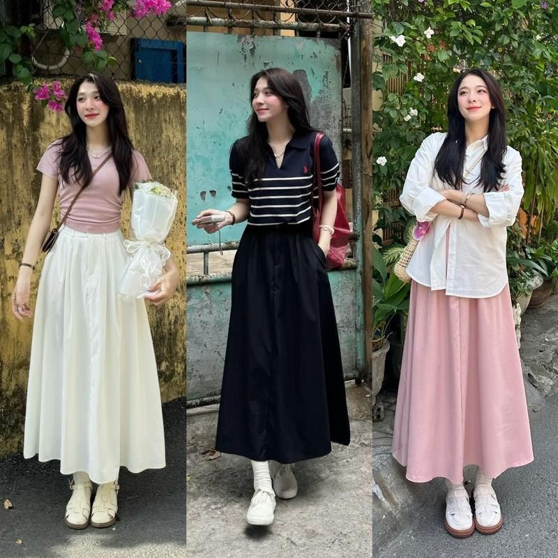 Chân váy kaki 1 lớp retro form dài xếp ly