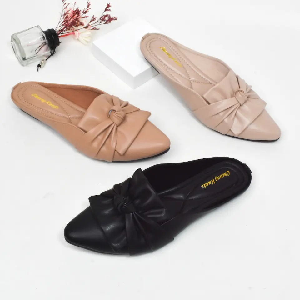Cheung Kuedz Kirana Sandal Mules Slop Bustong Flat Wanita Flatshoes Sol Karet