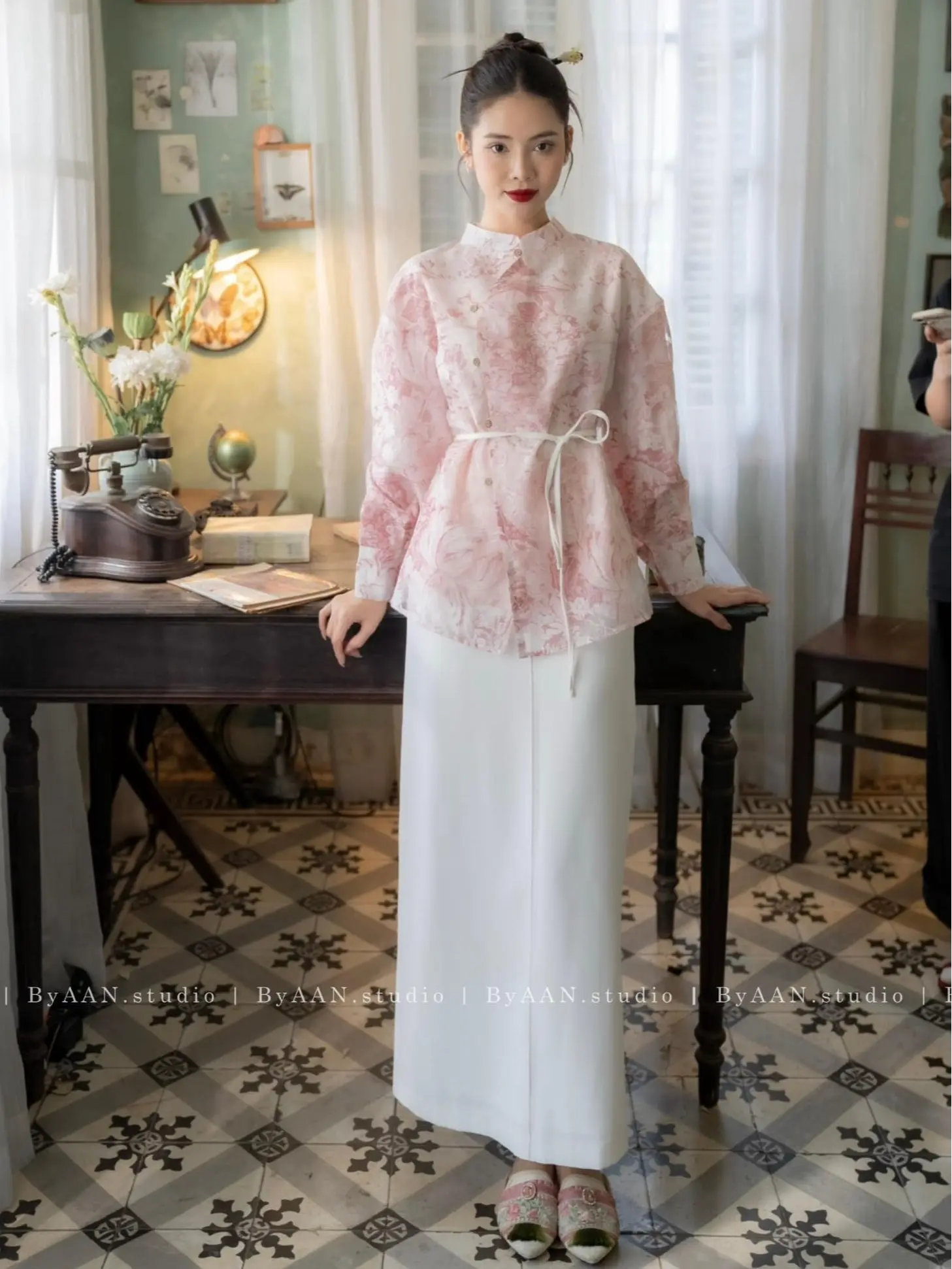 ByAAN Studio - San Khúc - Set Áo San Khúc Phối Chân Váy Trắng Thanh Lịch (Tặng Kèm Dây Thắt Eo)