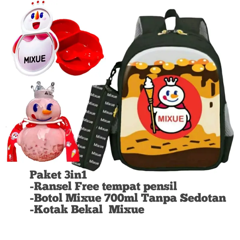 Paket Tas Ransel Anak Motif mixue + Botolo Mixue +lunch box/Kotak Bekal MIxue bisa COD Sd Fashion 2
