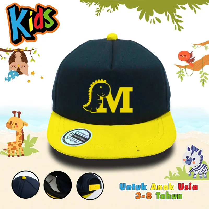 Topi Anak Inisial Abjad Dino Kuning Navy A-Z Laki laki Perempuan Usia 3 - 8 Tahun | kuning Navy | Dino Alfabet | Dino | Topi Custom Nama Anak | Topi Snapback Anak | Topi Baseball Anak | Elcustom Kids 1