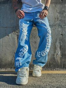 Jeans de mezclilla para hombre con estampado de letras, holgados y de pierna recta para uso diario, pantalones para hombre