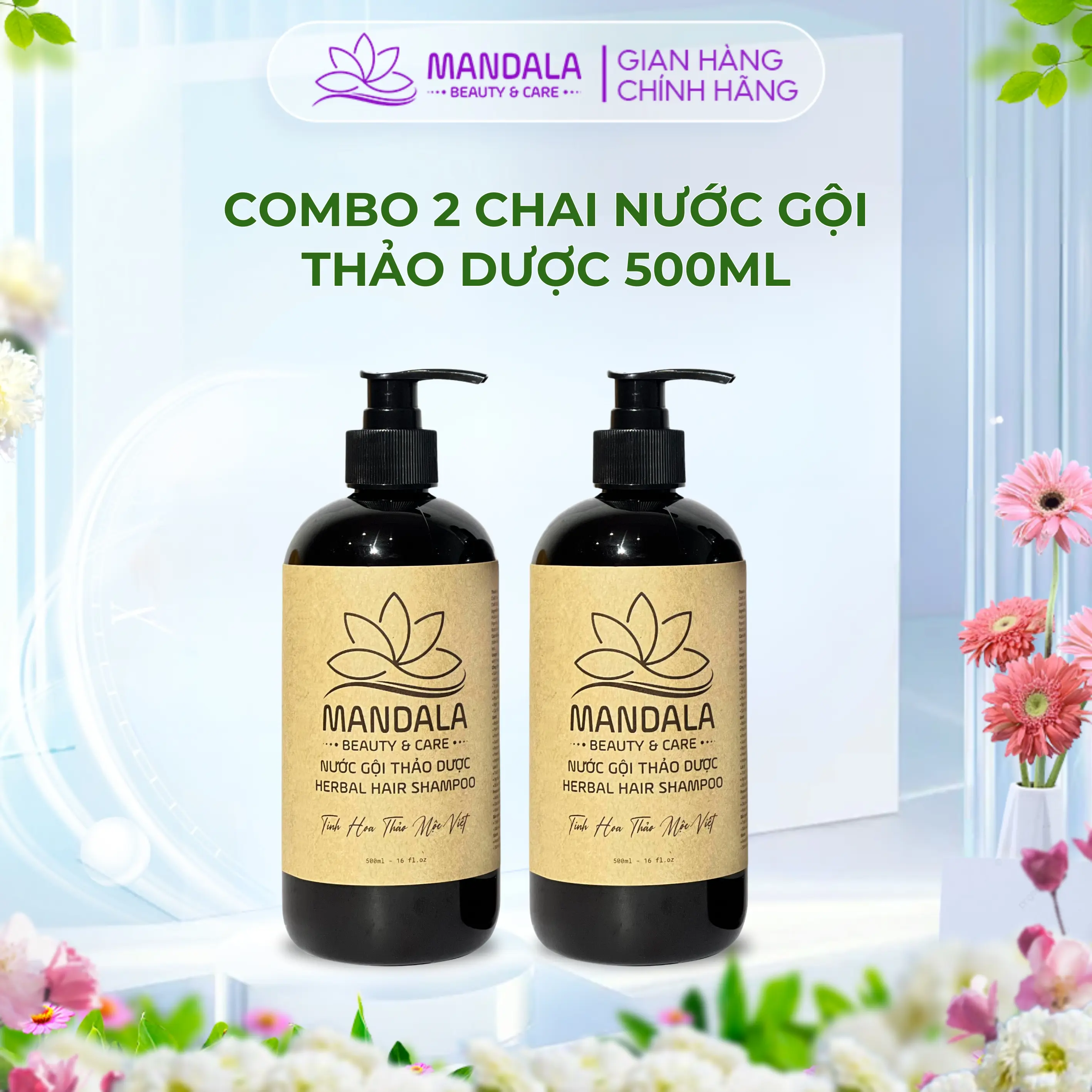 Combo 2 Nước Gội Thảo Dược Mandala 500ml Chống Bết, Chống Gàu Ngứa, Không Chứa Silicone Dưỡng Tóc Chăm Sóc Tóc Cấp Ẩm