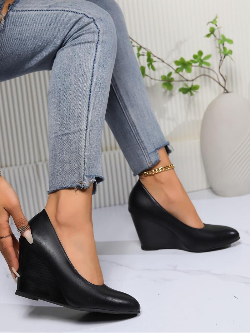 Product Introduction of Women's Fashionable Solid Color Wedge Ankle Boots, Elegant Round Toe High Heel Shoes for Party, Daily Clothing Decor for Women & Girls 6