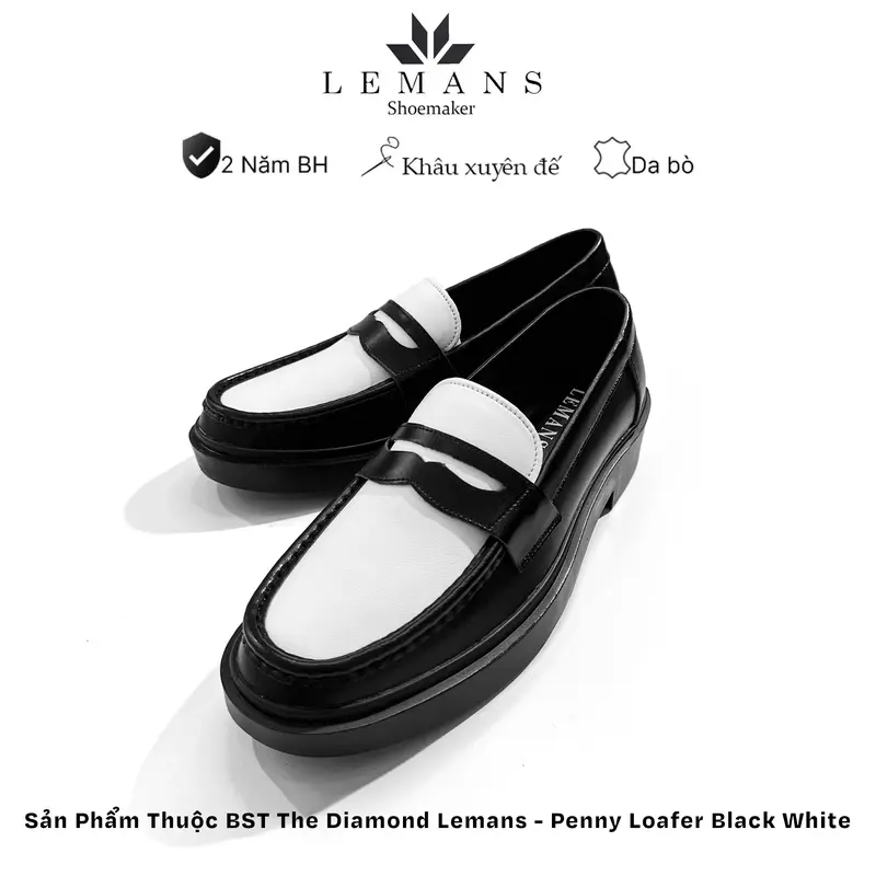 Giày da bò Penny Loafer da bò Trắng đen LEMANS, đế tăng chiều cao 4cm cho nam, giày lười nam, giầy da, bảo hành 24 tháng Cao Su Shoes 5