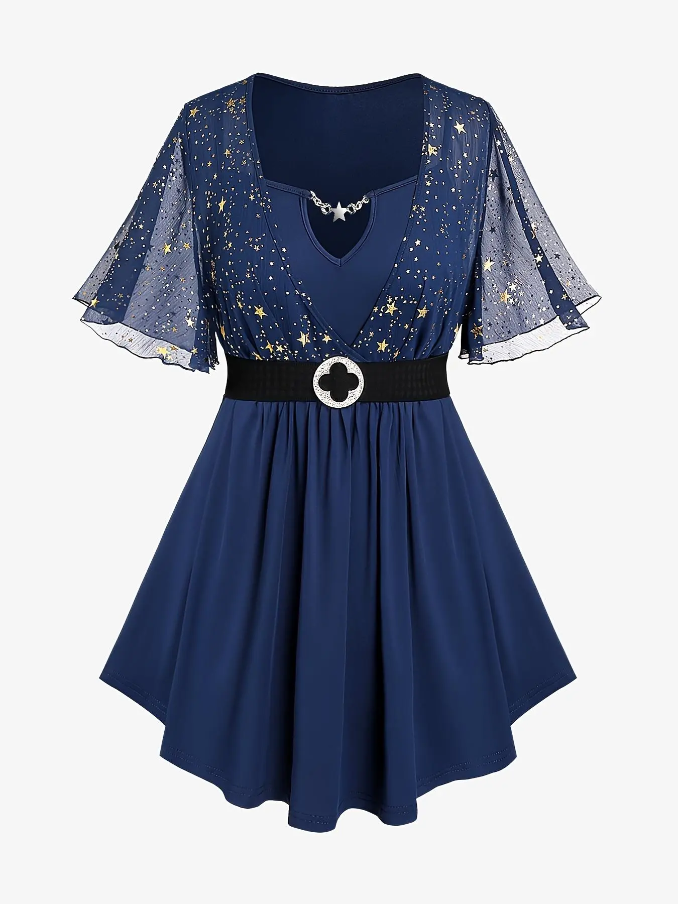 【Plus Size】 Star Print Contrast Mesh Chain Decor Belted Peplum Tee, Elegant Butterfly Sleeve Square Neck Dress for Summer, Women's Clothes for Daily Wear