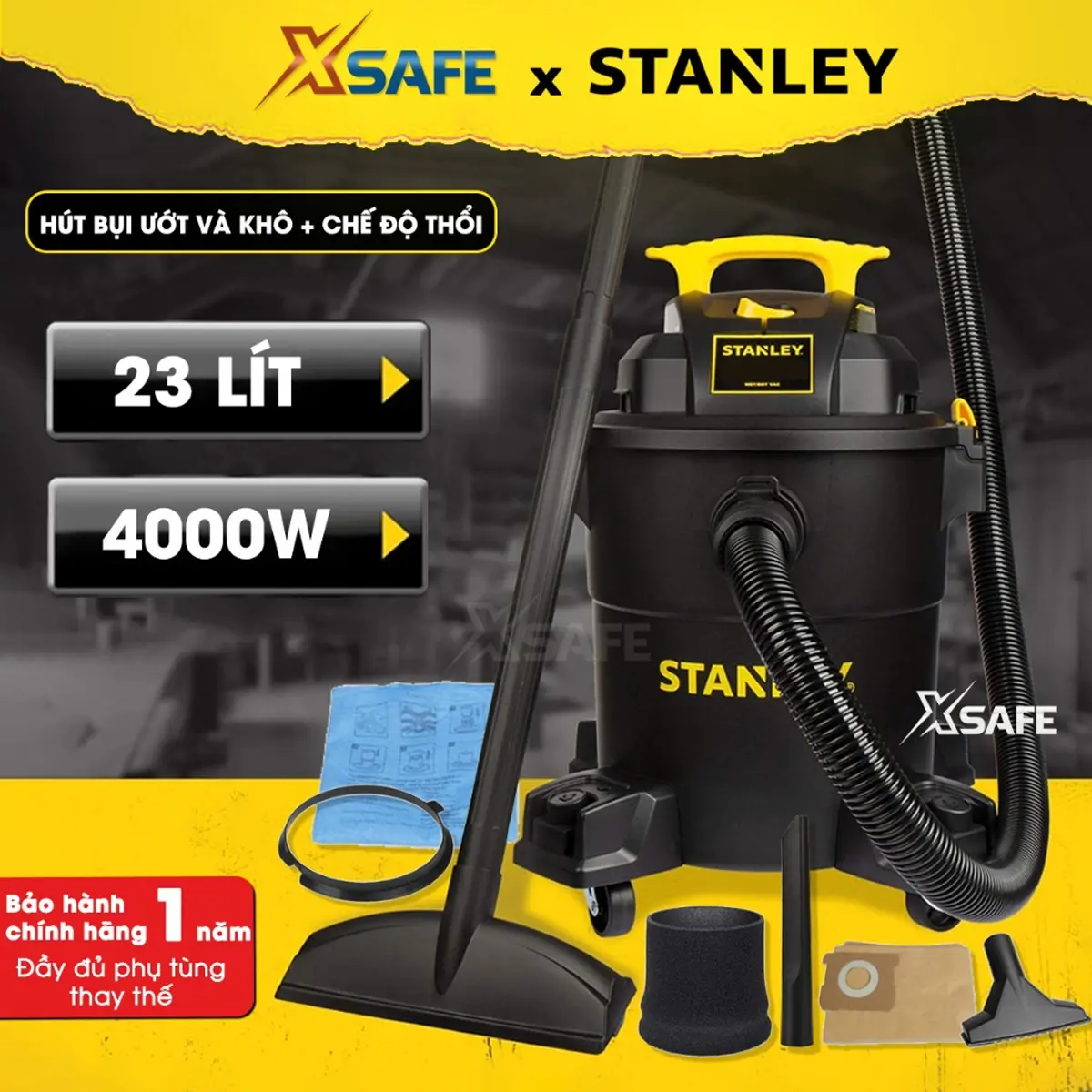 Máy hút bụi 3 chức năng hút khô, ướt và thổi STANLEY 23 lít, máy hút bụi công nghiệp siêu mạnh 4000W nhiều phụ kiện đi kèm Làm Sạch
