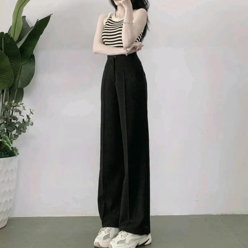 Quần Ống Rộng Suông Nữ Lưng Cao 1 Nút Khóa Trước Dáng Quần Tây Nữ Ống Rộng Cạp Cao Màu Đen Vải Dày Dặn Pants Dáng Dài Women Ong 6
