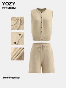 YOZY Women's Solid Button Front Knit Top & Tie Front Knitting Shorts Two-Piece Set, Casual Top & Pocket Shorts for Daily Wear, Ladies Two-piece Outfits for All Seasons