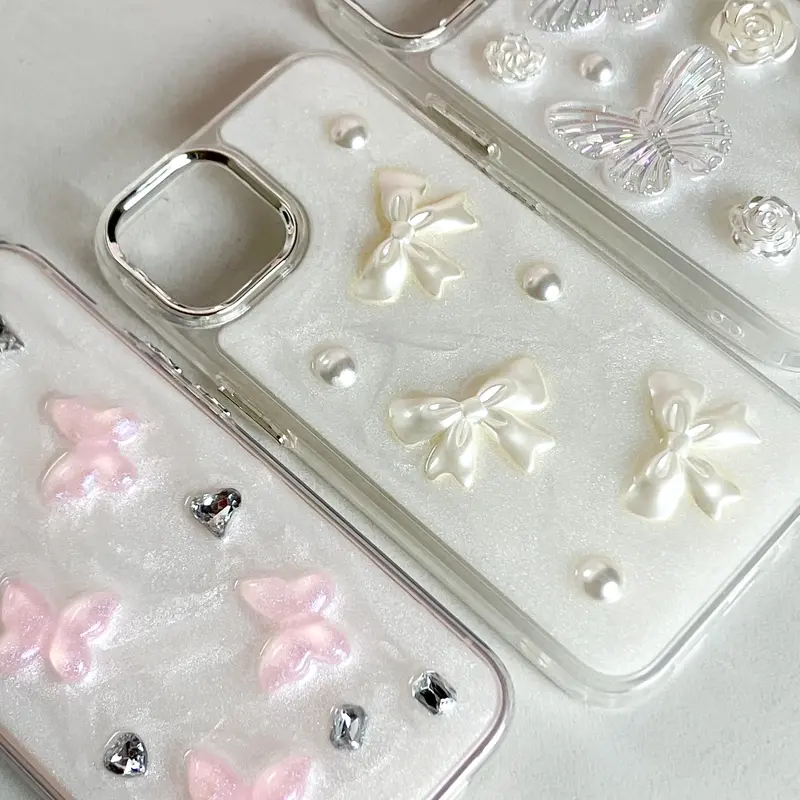 【SatSet.ind】LUX Plating Transparan Tekstur 3D Pita Ribbon Butterfly Compatible with iPh 11 Pro 12 ProMax 13 14 Plus 15 16 Casing Cover Elegan Mewah Glitter Metal Plating Clear Case back  cover 1
