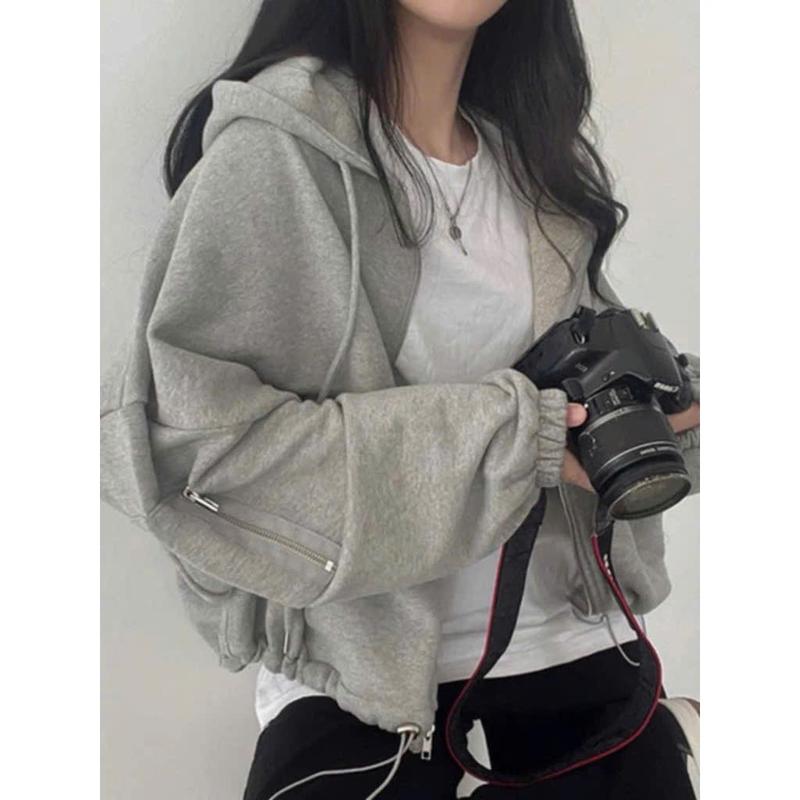 Áo khoác hoodie nỉ croptop dáng rộng rút dây phía dưới là điểm nhấn - N005 - Áo khoác thu đông nữ hoodie zip tay bồng Women