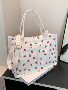 Bolsa tote de lona con estampado de fresas pequeñas y frescas para mujer Bolsa de hombro de gran capacidad con múltiples bolsillos Puede contener teléfonos móviles y cosméticos para satisfacer las necesidades del traslado diario y las compras