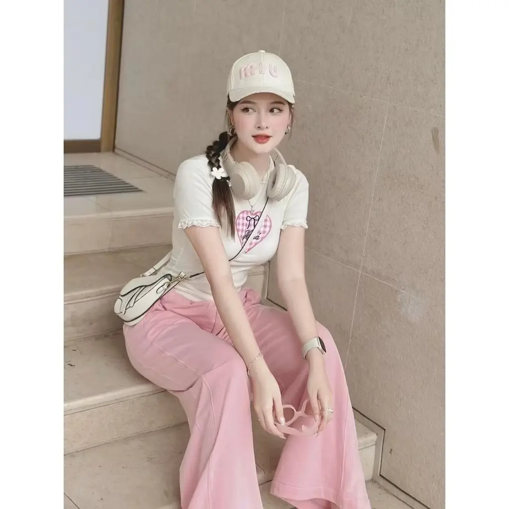 Áo thun thêu đắp trái tim cho nữ chất thun gân đẹp rẻ Women Top Cổ Tròn