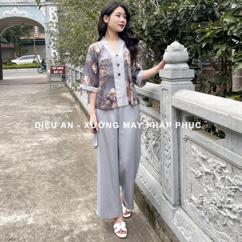 Set Lụa Đi Chùa Cao Cấp Màu Xám Đậm 4