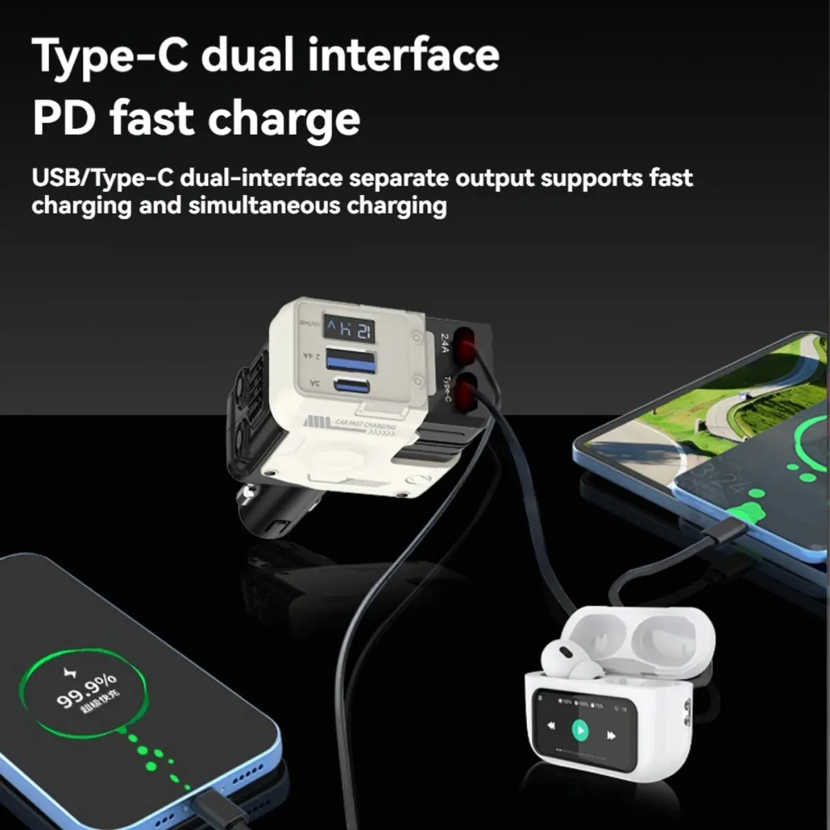 Pengecas Telefon Kereta Pantas 4 dalam 1 120W Paparan Digital Pengecasan Super Pantas dengan Kabel Pengecasan Boleh Tarik dan Port USB Phone Merah/Hitam/Putih/Kuning