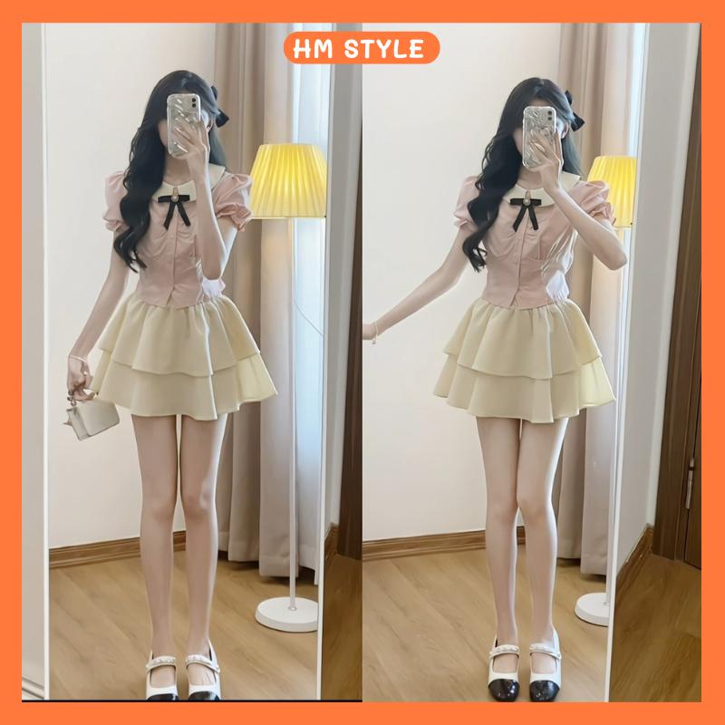 Set váy áo gồm áo sơ mi hồng chiết eo kèm chân váy 2 tầng tiểu thư đính nơ rời phong cách dịu dàng nữ tính HB512