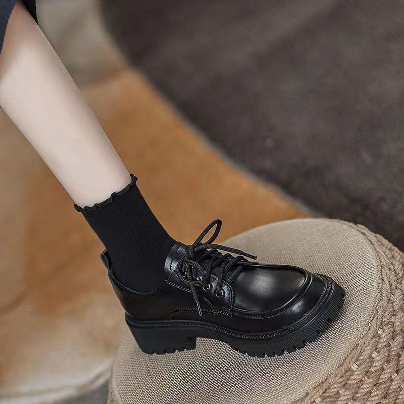 British Style Small Leather Shoes 2023 New Japanese JK Lace-up Single Shoes for Skirts Thick-soled Loafers for Women Spring and Autumn Mid-heel 0