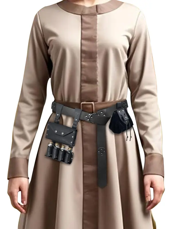 Vintage Medieval Dress Costume Rivet & Grommet Eyelet Decor Belt & Belt Bag & Pouch Set, Medieval Alchemy Belt Set for Party, Cosplay 6