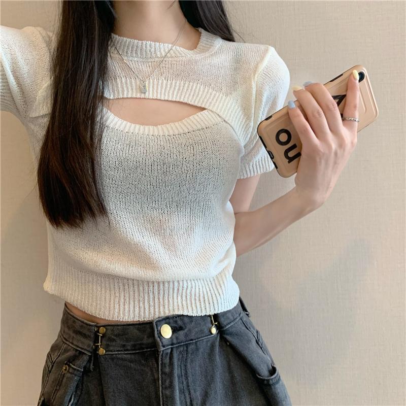 Product Introduction of Áo Len Dệt Kim Giả Hai Lớp, Thiết Kế Độc Đáo Sang Trọng Khoét Lỗ Áo Phông Ngắn Tay, Áo Ngắn Cô Gái Nóng Bỏng Mùa Hè, Phong Cách Instagram, Dành Cho Nữ, Bán Chạy Top Women Top Women 15